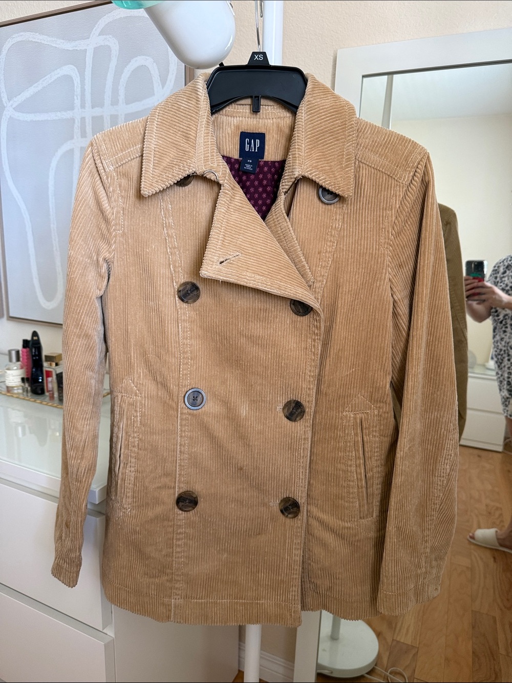GAP Women's Camel Corduroy Double-Breasted Pea Coat